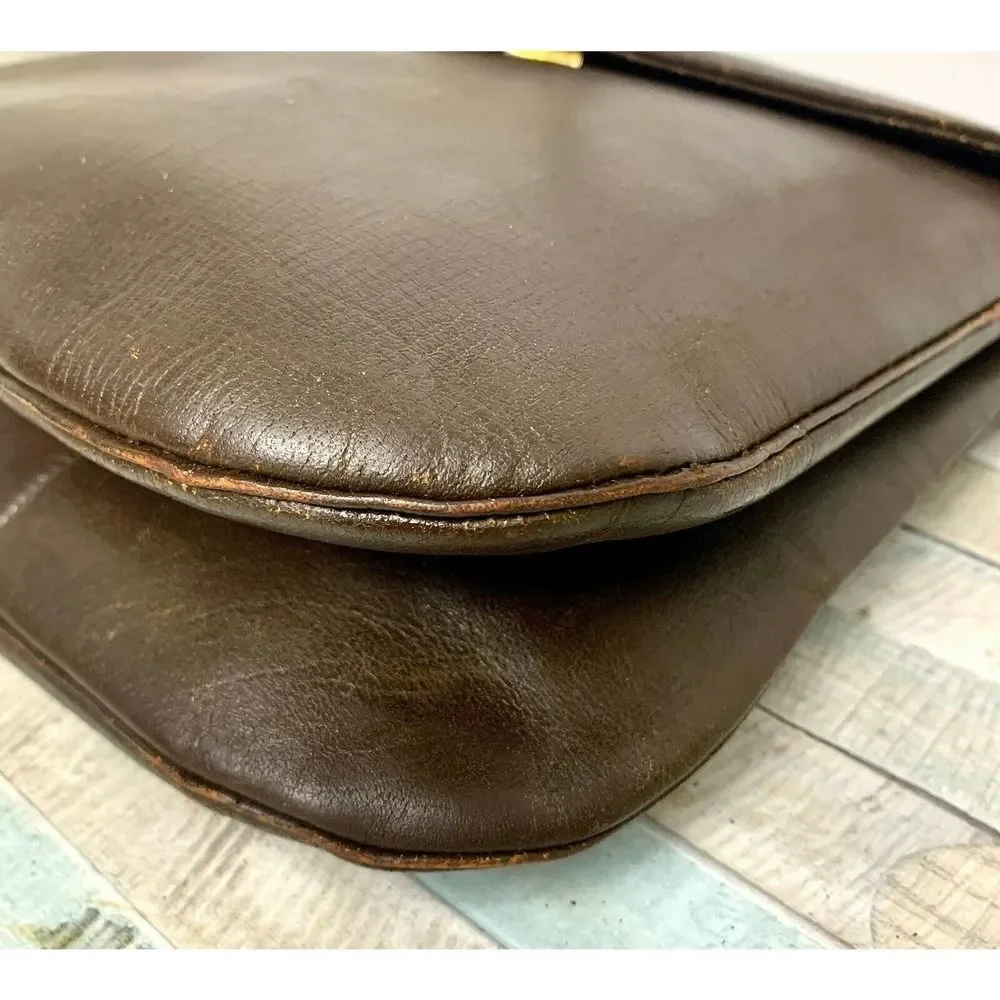 VINTAGE BROWN GENUINE LEATHER TURN LOCK FLAP TOP HANDLE HANDBAG PURSE